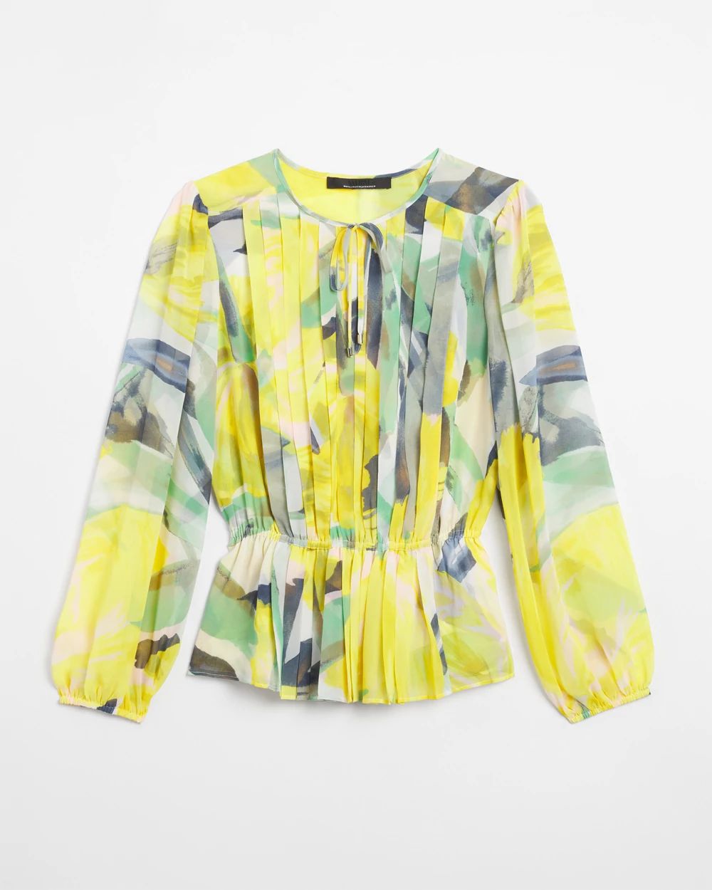 Long Sleeve V-Neck Pleated Chiffon Blouse | White House